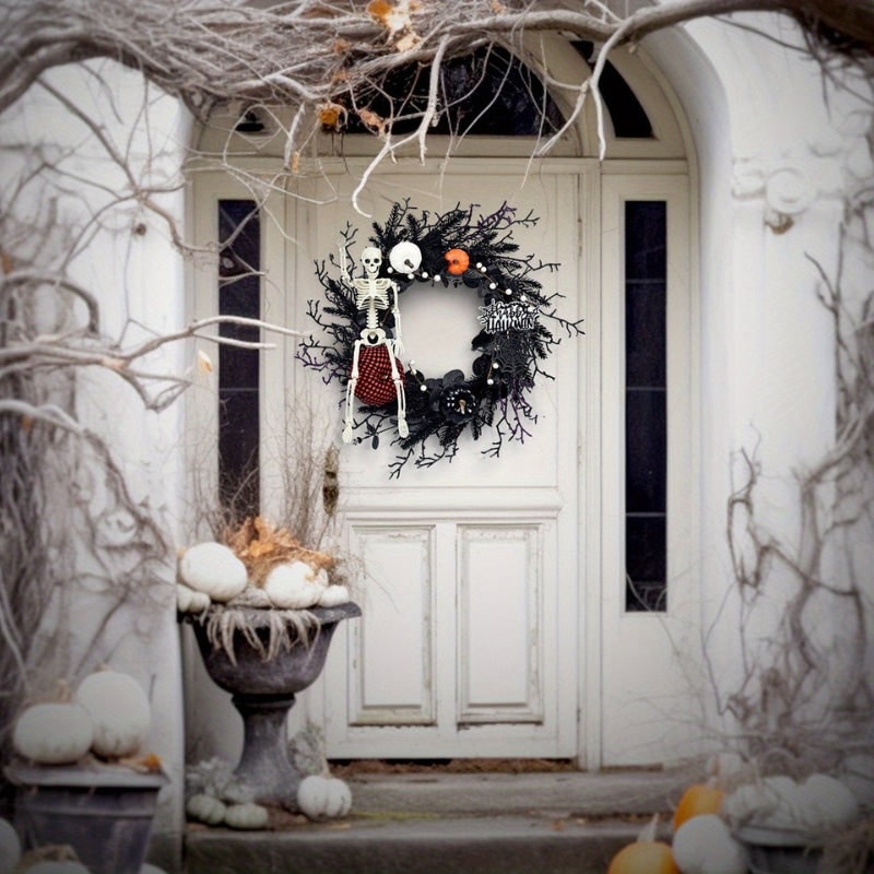 Halloween deurkrans met jack-o'-lantern-pompoenen en skelet voor feestdecoratie