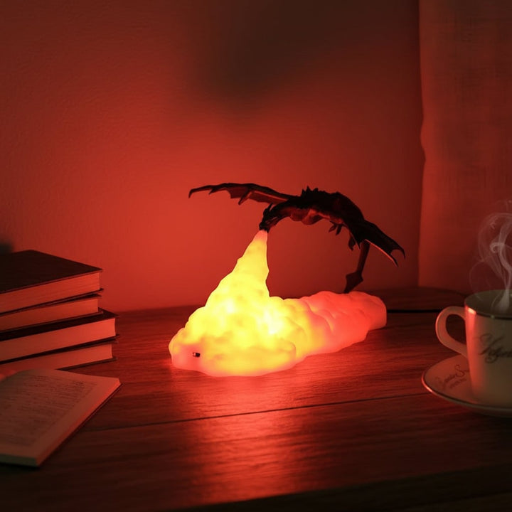 Halloween-draak nachtlampje, tafellamp voor naast het bed met LED-vuurspuweffect en design