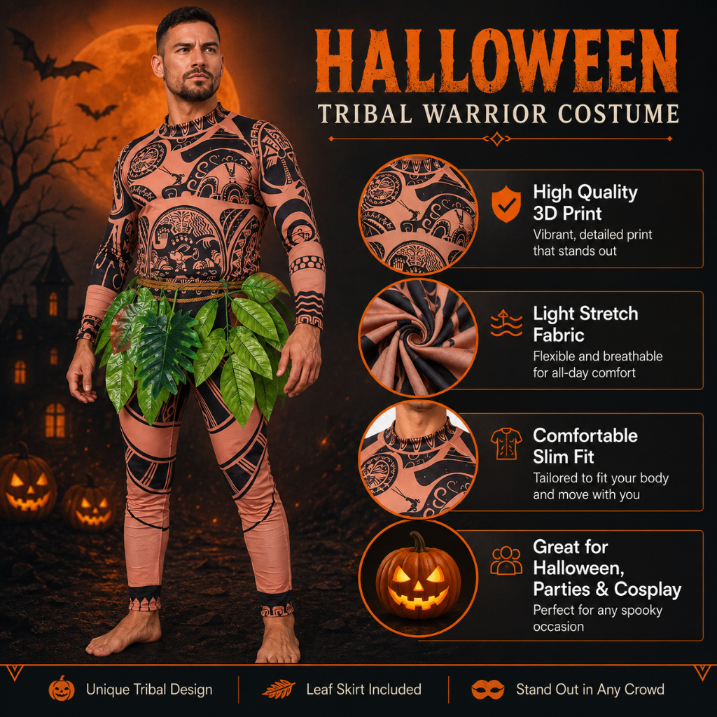 Halloween-bodysuitkostuum van spandex voor het hele lichaam met tribal tattoo-print en bladerenrok