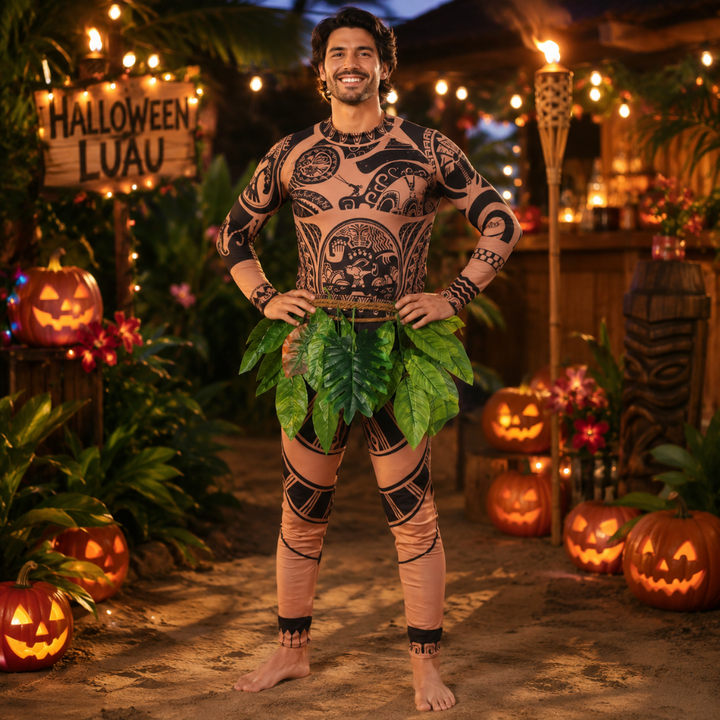 Halloween-bodysuitkostuum van spandex voor het hele lichaam met tribal tattoo-print en bladerenrok