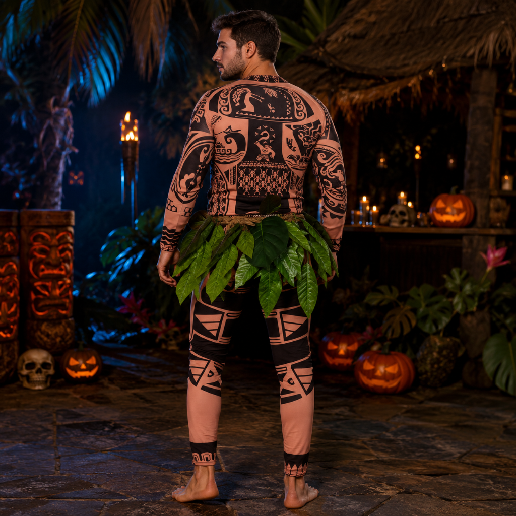 Halloween-bodysuitkostuum van spandex voor het hele lichaam met tribal tattoo-print en bladerenrok