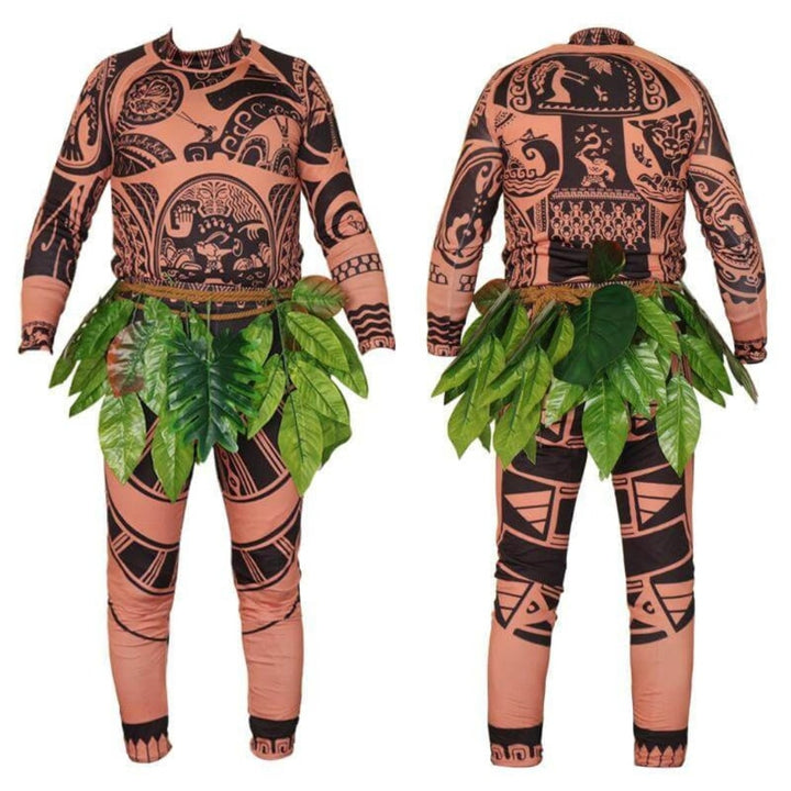 Halloween-bodysuitkostuum van spandex voor het hele lichaam met tribal tattoo-print en bladerenrok