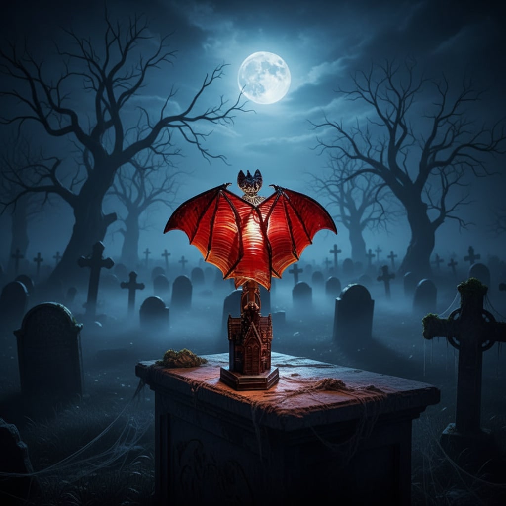 Halloween gotische vleermuis tafellamp op batterijen met led-licht en doorschijnende rode vleugels