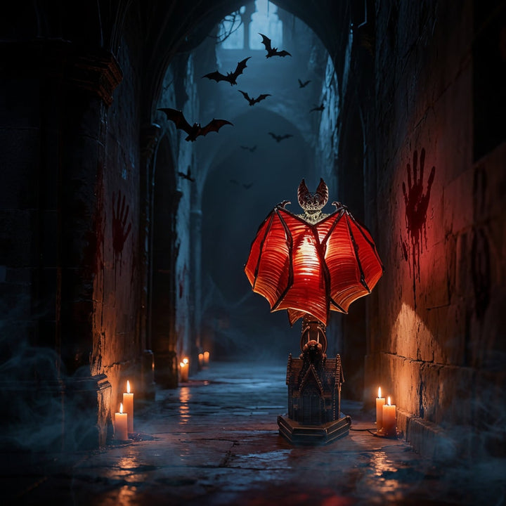 Halloween gotische vleermuis tafellamp op batterijen met led-licht en doorschijnende rode vleugels
