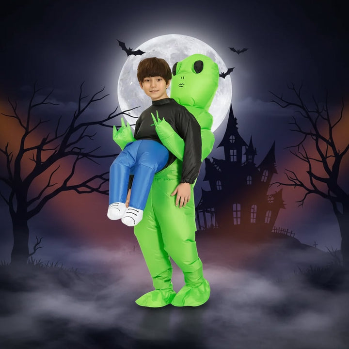 Opblaasbaar Halloween-alienkostuum met bungelende benen en luchtblazer