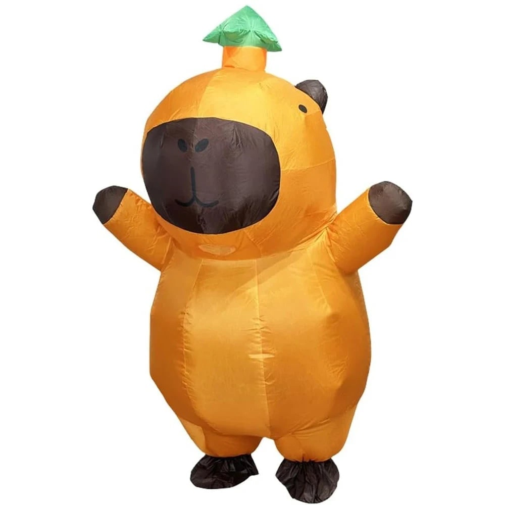 Halloween opblaasbaar capibarakostuum met bladhoed en ingebouwde ventilator, grappig dierenpak