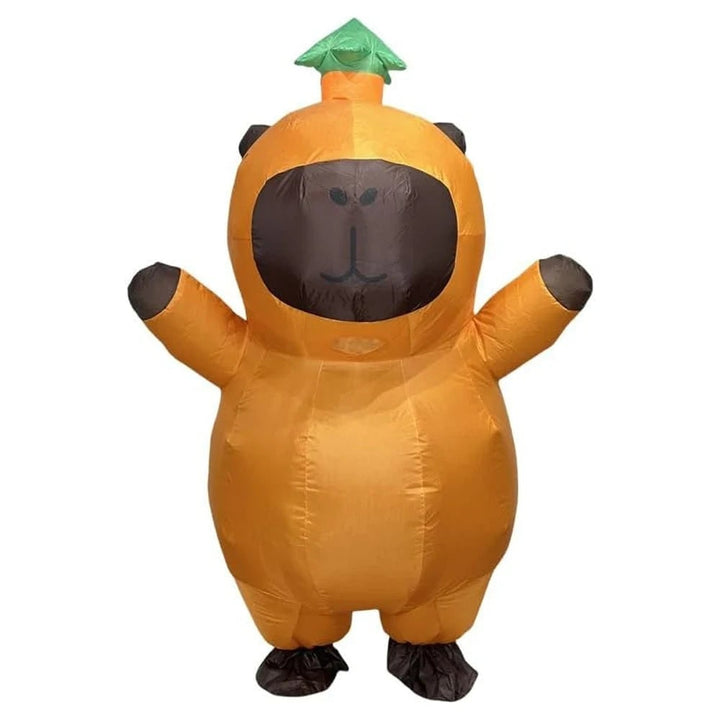Halloween opblaasbaar capibarakostuum met bladhoed en ingebouwde ventilator, grappig dierenpak