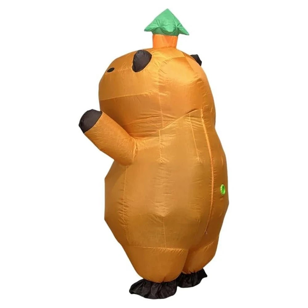 Halloween opblaasbaar capibarakostuum met bladhoed en ingebouwde ventilator, grappig dierenpak