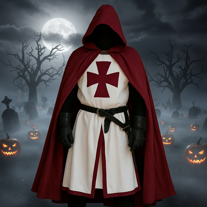 Halloween middeleeuws ridderkostuum tempelier kruisvaarder tuniek met contrasterende bies en gespleten zoompanelen