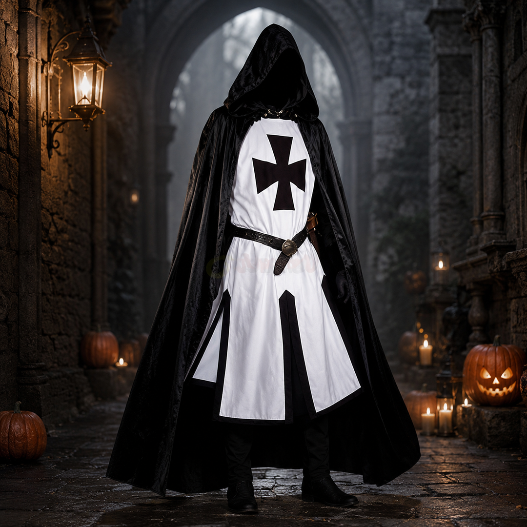 Halloween middeleeuws ridderkostuum tempelier kruisvaarder tuniek met contrasterende bies en gespleten zoompanelen