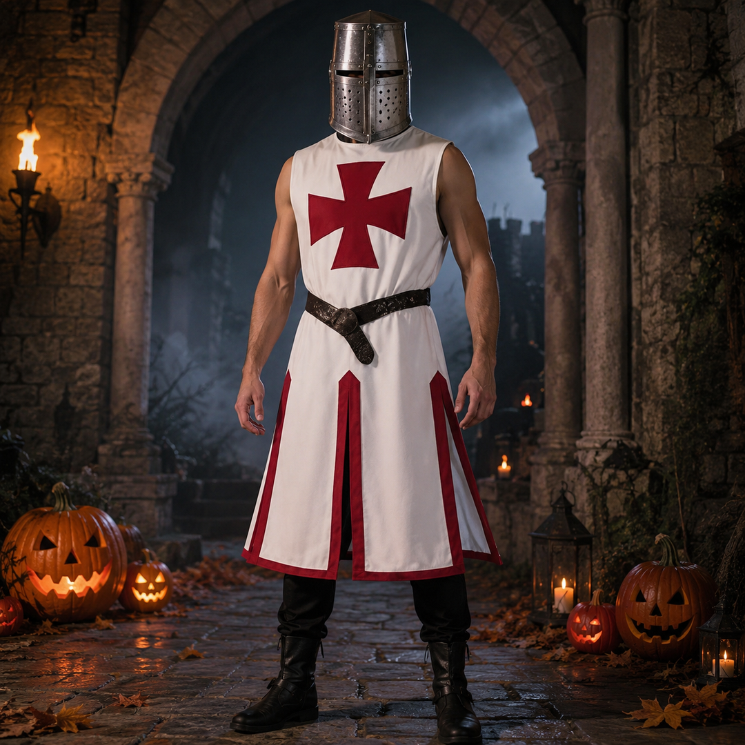 Halloween middeleeuws ridderkostuum tempelier kruisvaarder tuniek met contrasterende bies en gespleten zoompanelen