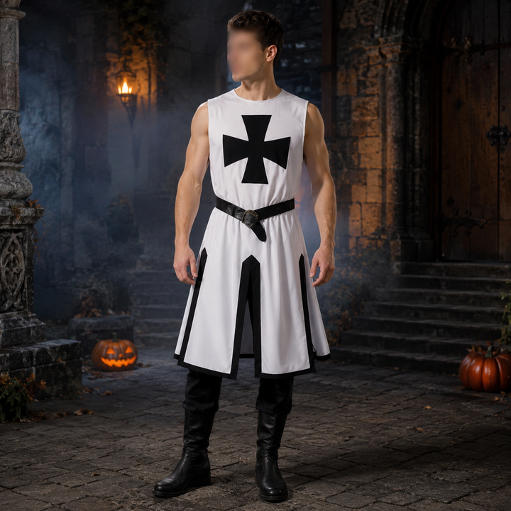 Halloween middeleeuws ridderkostuum tempelier kruisvaarder tuniek met contrasterende bies en gespleten zoompanelen