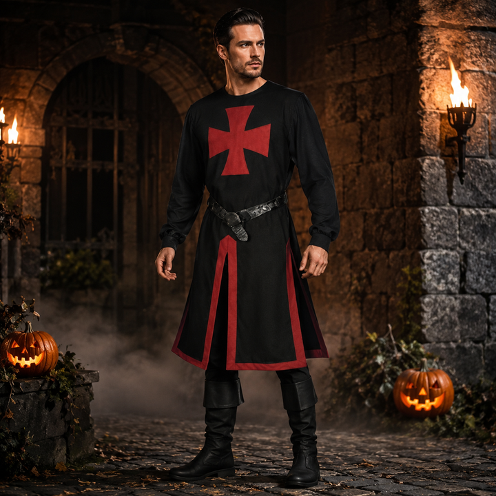Halloween middeleeuws ridderkostuum tempelier kruisvaarder tuniek met contrasterende bies en gespleten zoompanelen