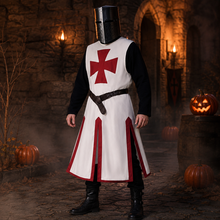 Halloween middeleeuws ridderkostuum tempelier kruisvaarder tuniek met contrasterende bies en gespleten zoompanelen