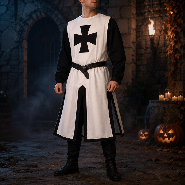 Halloween middeleeuws ridderkostuum tempelier kruisvaarder tuniek met contrasterende bies en gespleten zoompanelen