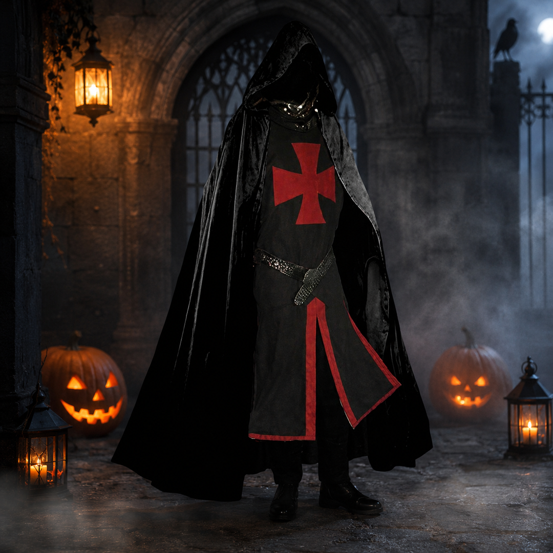 Halloween middeleeuws ridderkostuum tempelier kruisvaarder tuniek met contrasterende bies en gespleten zoompanelen