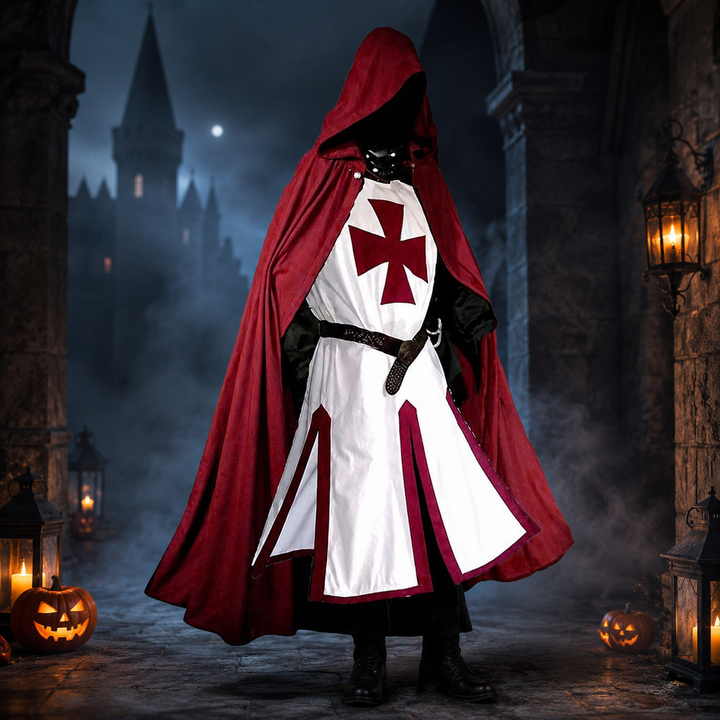 Halloween middeleeuws ridderkostuum tempelier kruisvaarder tuniek met contrasterende bies en gespleten zoompanelen