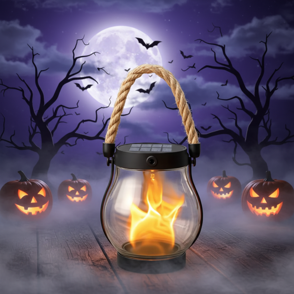 Halloween solar hanglantaarn voor buiten met flikkerend vlameffect en oplaadbaar via USB-C
