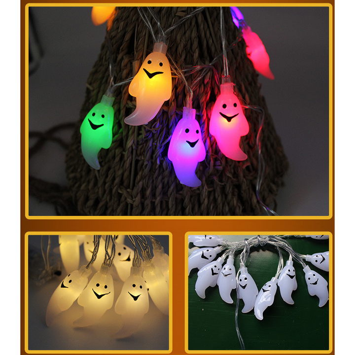 Halloween lichtsnoer voor buiten, LED op batterijen, met kapjes van pompoen, spook, vleermuis, schedel en oogbal, 10 lampjes