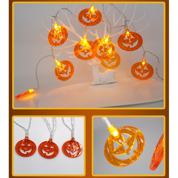 Halloween lichtsnoer voor buiten, LED op batterijen, met kapjes van pompoen, spook, vleermuis, schedel en oogbal, 10 lampjes