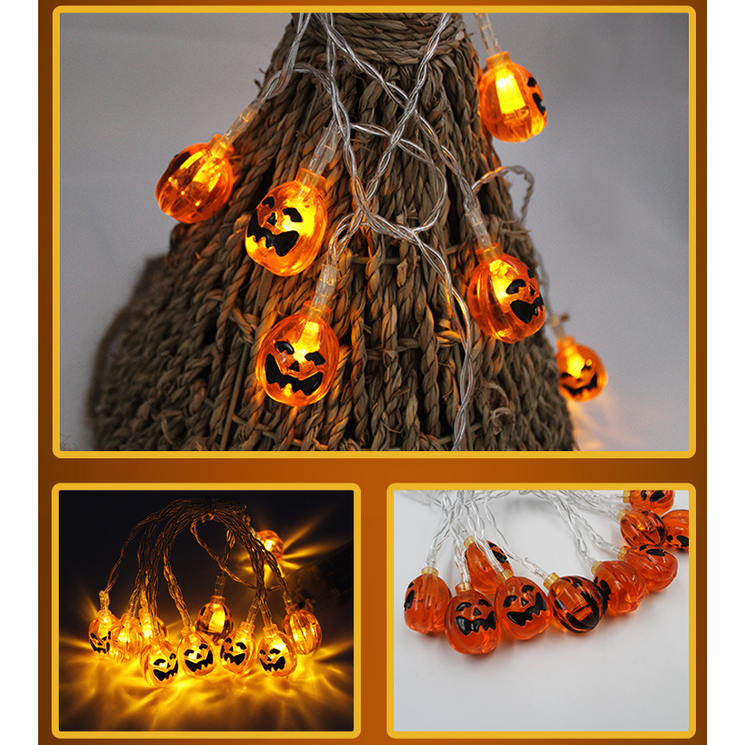 Halloween lichtsnoer voor buiten, LED op batterijen, met kapjes van pompoen, spook, vleermuis, schedel en oogbal, 10 lampjes