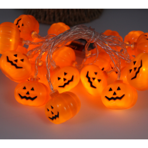 Halloween lichtsnoer voor buiten, LED op batterijen, met kapjes van pompoen, spook, vleermuis, schedel en oogbal, 10 lampjes