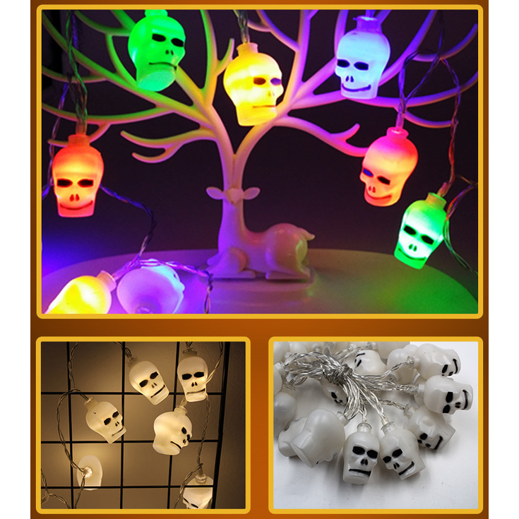 Halloween lichtsnoer voor buiten, LED op batterijen, met kapjes van pompoen, spook, vleermuis, schedel en oogbal, 10 lampjes