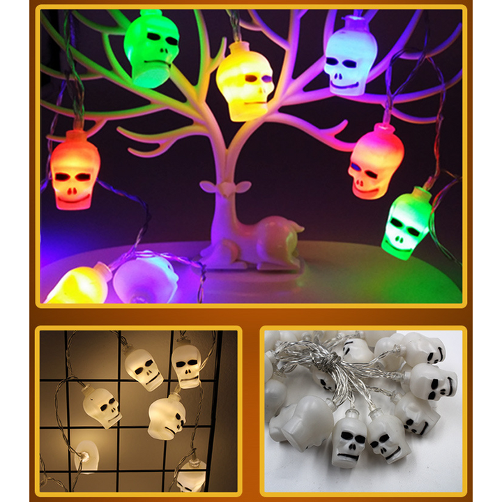 Halloween lichtsnoer voor buiten, LED op batterijen, met kapjes van pompoen, spook, vleermuis, schedel en oogbal, 10 lampjes
