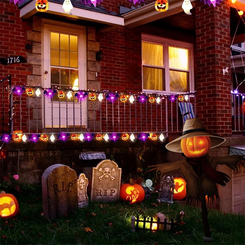 Halloween lichtsnoer voor buiten met LED en vleermuisfiguren, op batterijen, voor patio-feestdecoratie