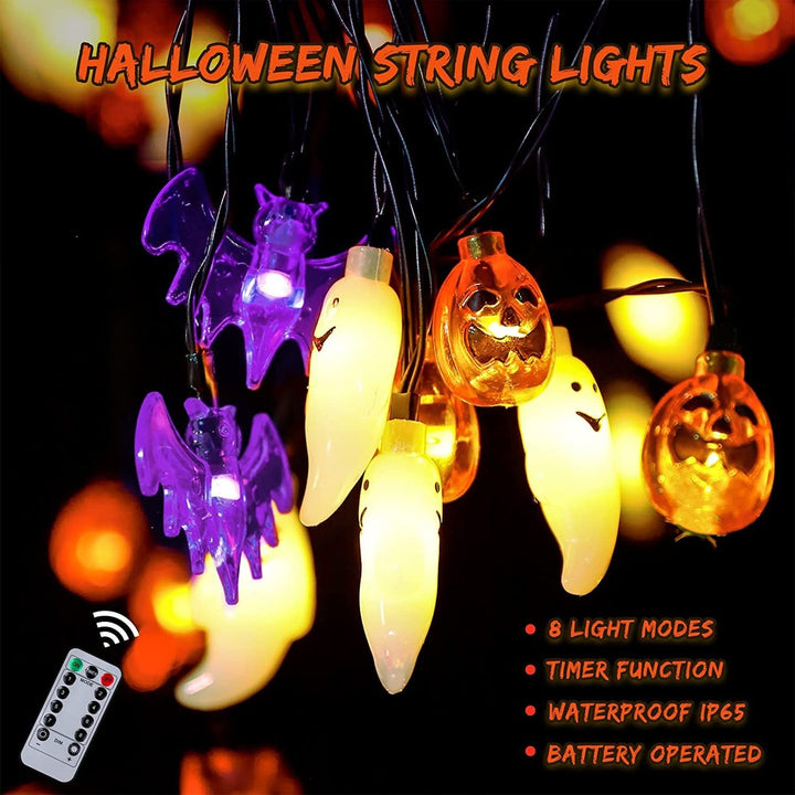 Halloween lichtsnoer voor buiten met LED en vleermuisfiguren, op batterijen, voor patio-feestdecoratie