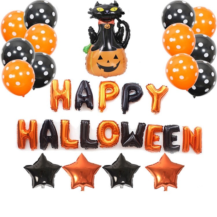 Halloween feestballonnen met folieletters, vleermuis, pompoen en spin, decoratieset