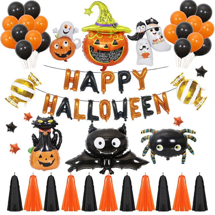 Halloween feestballonnen met folieletters, vleermuis, pompoen en spin, decoratieset