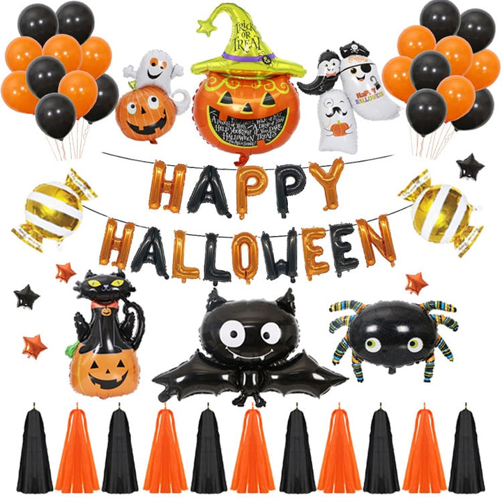 Halloween feestballonnen met folieletters, vleermuis, pompoen en spin, decoratieset