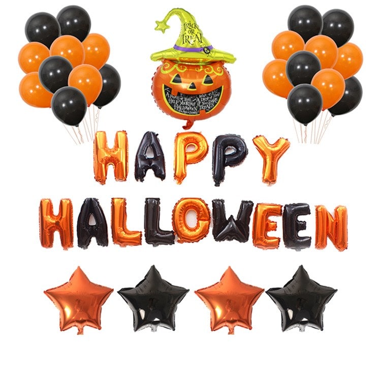Halloween feestballonnen met folieletters, vleermuis, pompoen en spin, decoratieset