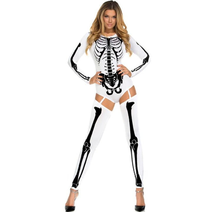 Halloween-skeletkostuum outfit met bodysuit en overknee-legging voor feest