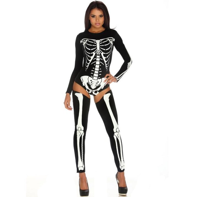 Halloween-skeletkostuum outfit met bodysuit en overknee-legging voor feest