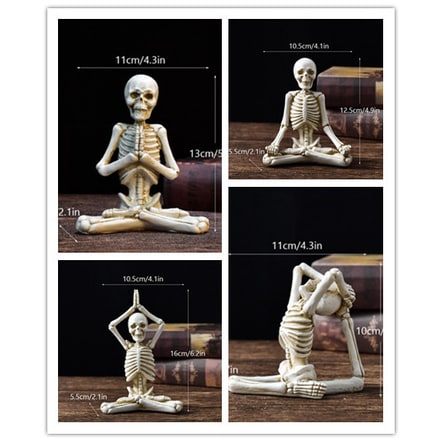 Halloween skelet in yogahouding, figuurtje van hars, spookachtige bureaudecoratie