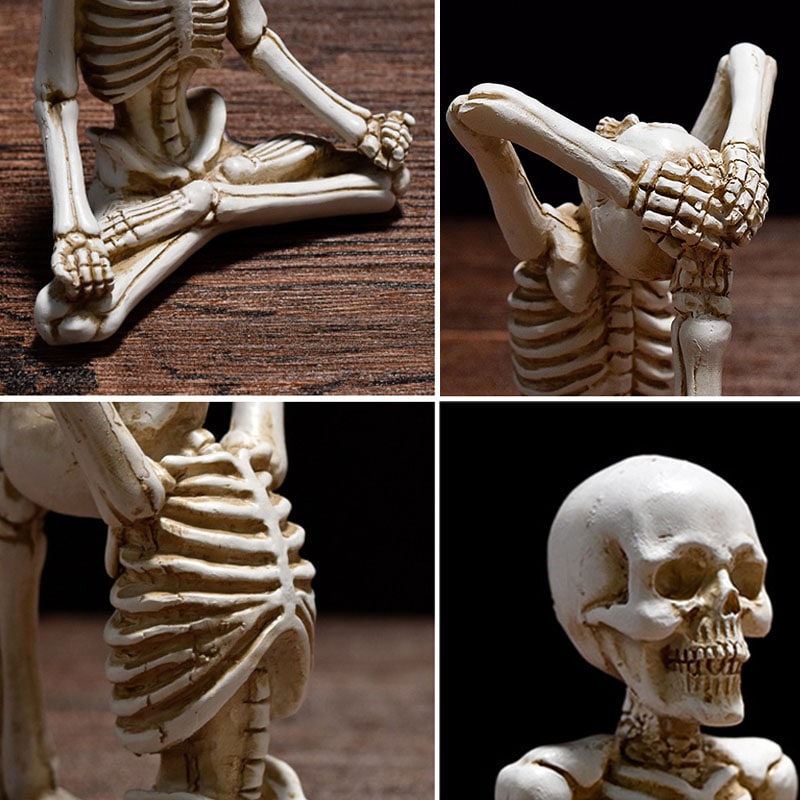 Halloween skelet in yogahouding, figuurtje van hars, spookachtige bureaudecoratie