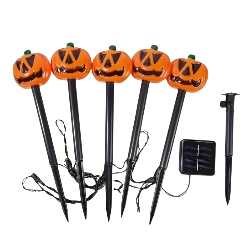 Halloween zonne-energie padverlichting met pompoen jack-o'-lantern-prikkers buitendecoratie set van 5