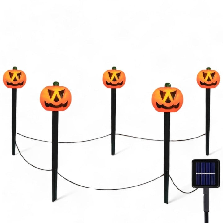 Halloween zonne-energie padverlichting met pompoen jack-o'-lantern-prikkers buitendecoratie set van 5