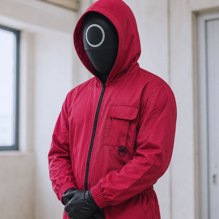 Halloween Survival Game kostuum jumpsuit outfit met capuchon, bewakersmasker en riem