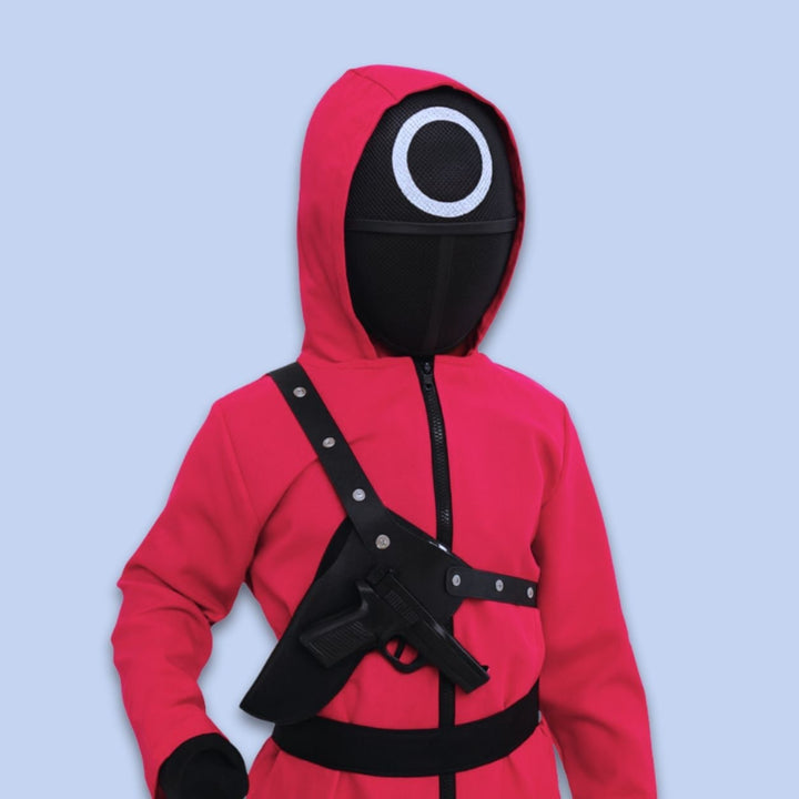 Halloween Survival Game kostuum jumpsuit outfit met capuchon, bewakersmasker en riem