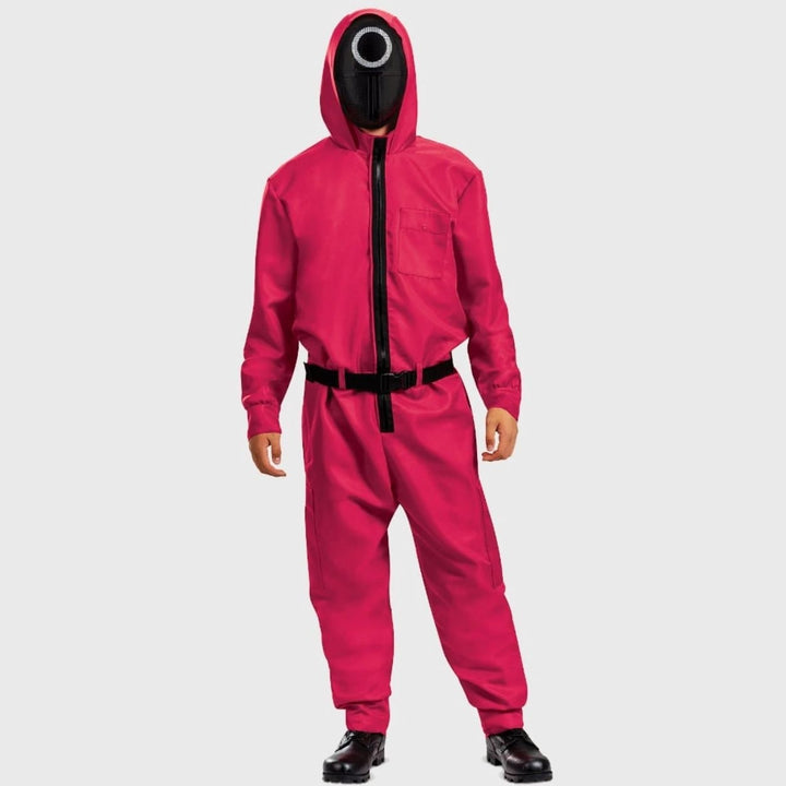 Halloween Survival Game kostuum jumpsuit outfit met capuchon, bewakersmasker en riem