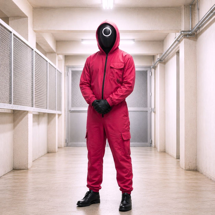 Halloween Survival Game kostuum jumpsuit outfit met capuchon, bewakersmasker en riem
