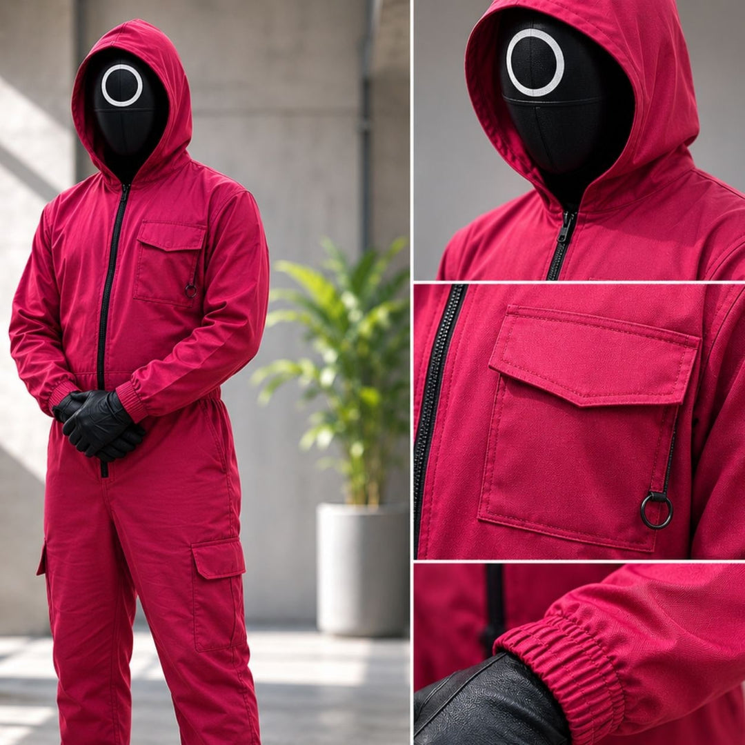 Halloween Survival Game kostuum jumpsuit outfit met capuchon, bewakersmasker en riem