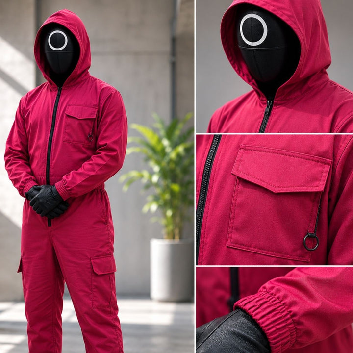 Halloween Survival Game kostuum jumpsuit outfit met capuchon, bewakersmasker en riem