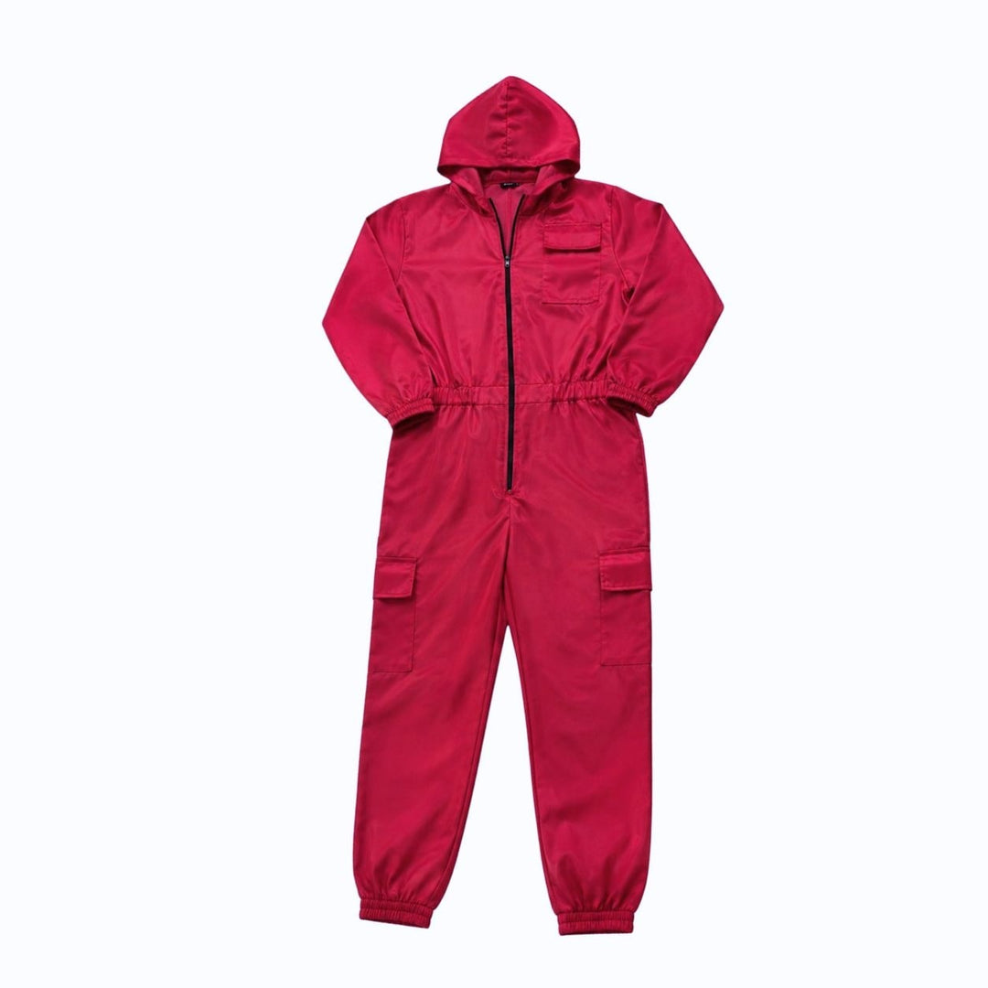 Halloween Survival Game kostuum jumpsuit outfit met capuchon, bewakersmasker en riem