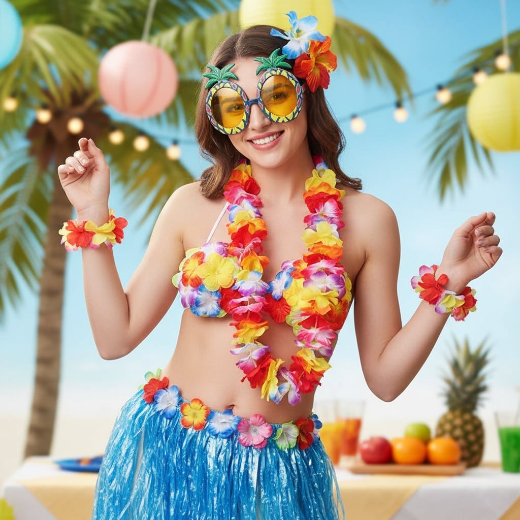 Halloween tweedelige set met rok en top, Hawaiiaans hulakostuum met grasrok en bloemenkrans