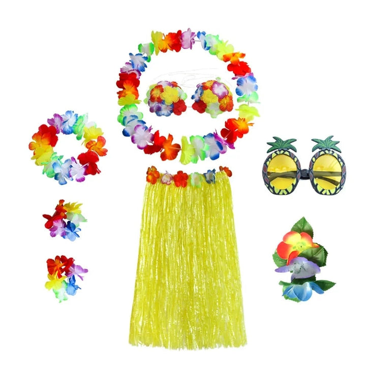 Halloween tweedelige set met rok en top, Hawaiiaans hulakostuum met grasrok en bloemenkrans