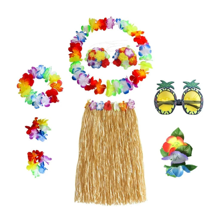 Halloween tweedelige set met rok en top, Hawaiiaans hulakostuum met grasrok en bloemenkrans